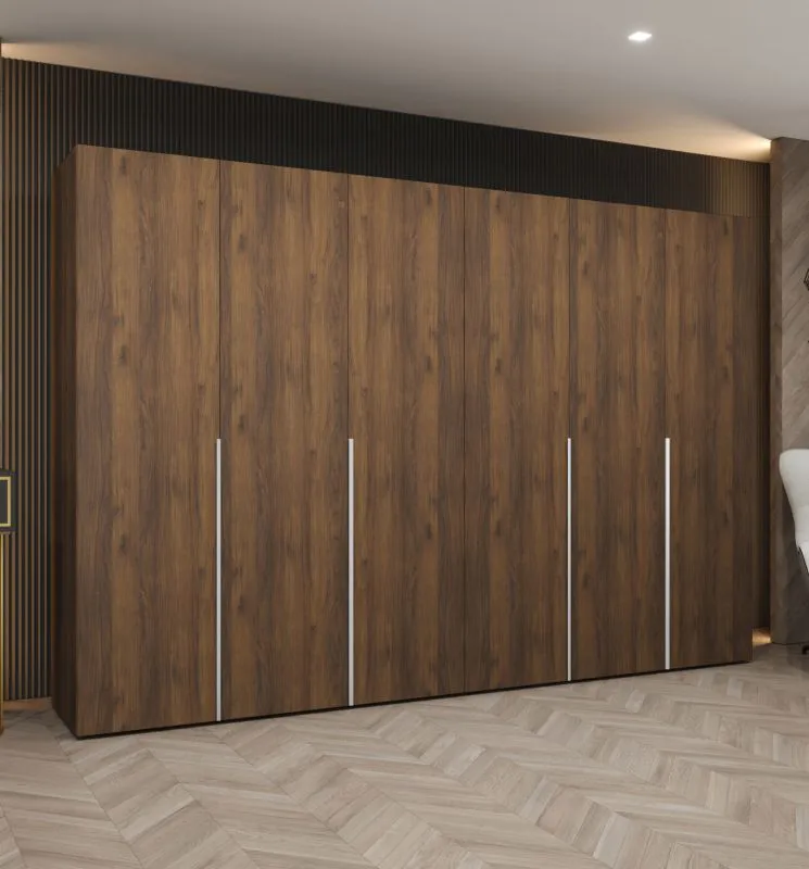 Drehtürenschrank mit Soft-Close-Funktion | Farbe: Walnuss | 3 Meter breit | vier Kleiderstangen | Kleiderschrank| Griffe: Silber | vier Fächer