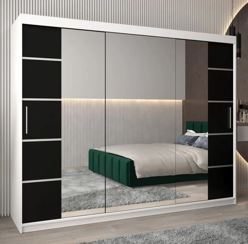 250 cm breiter Kleiderschrank mit 3 Türen | 10 Fächer | Farbe: Weiß / Schwarz Abbildung