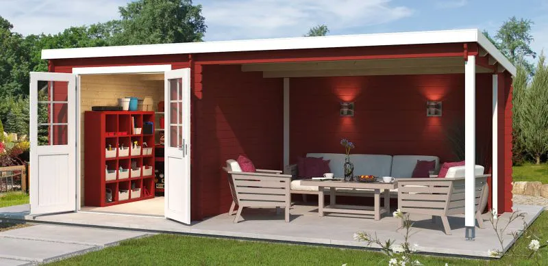 Gartenhaus G273 Schwedenrot - 28 mm Blockbohlenhaus, Grundfläche: 15,74 m², Pultdach