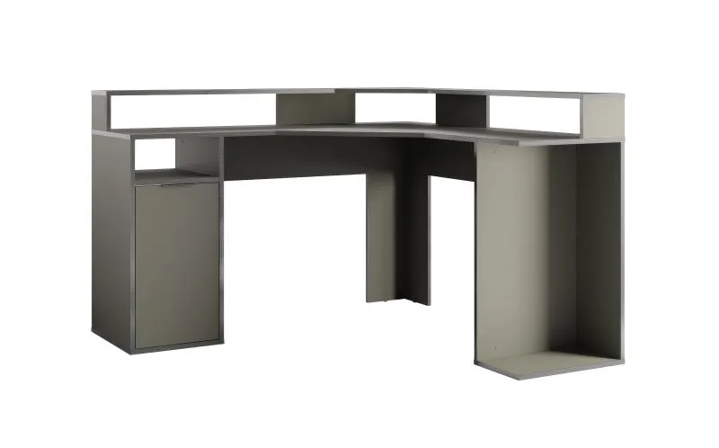 Eckschreibtisch mit PC-Ablage Ägina 02, Farbe: Grau, genügend Stauraum, eine Tür, Maße: 89 x 139 x 139 cm, ABS-Kantenschutz, mit Bildschirmerhöhung