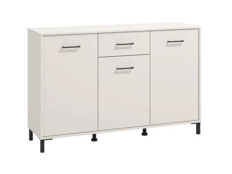 Moderne Kommode mit drei Türen Sabas 03, Farbe: Kaschmir, eine Schublade, sechs Fächer, ABS-Kanten, Griffe & Beine: Schwarz, Maße: 90 x 138 x 40 cm
