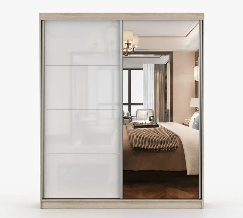 2 Meter breiter Schiebetürenschrank / Kleiderschrank mit Spiegel | Weiß / Eiche | Gorski 30 | 218 x 203 x 61 cm | 2 Türen | 6 Fächer | Zweifarbig