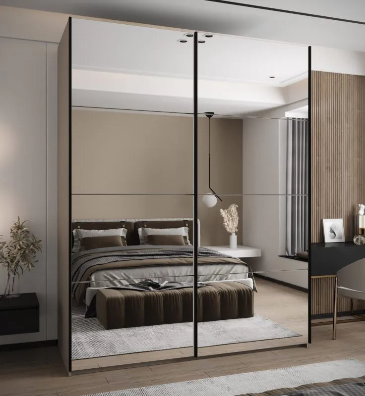 Kleiderschrank / Schiebetürenschrank | Farbe: Kaschmir | 2 Kleiderstangen | 245,5 x 190 x 64 cm | 11 Fächer | 2 Schiebetüren | Soft-Close | Spiegel
