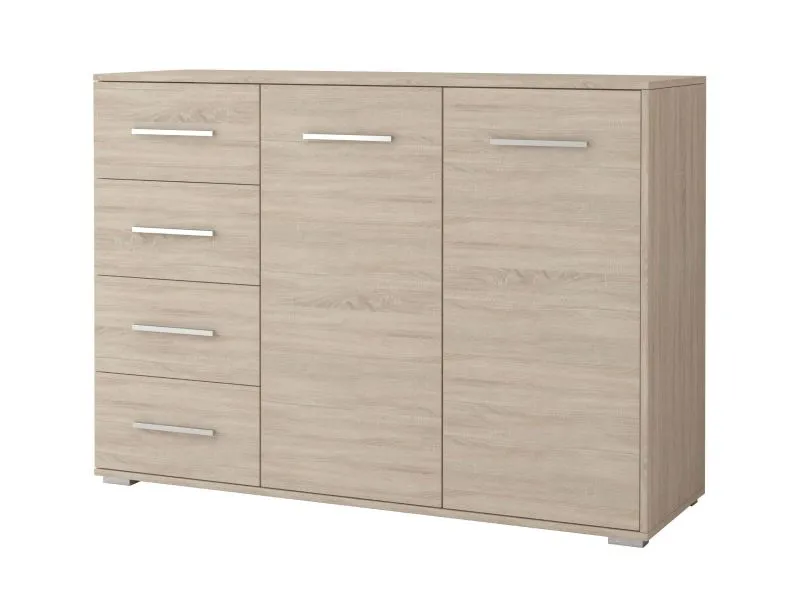 Sideboard / Kommode | Comarca 28 | Eiche | 3 Fächer | 4 Schubladen | 2 Türen | 96 x 135 x 45 cm | Einfarbig | Holzoptik | Griffe silberfarben