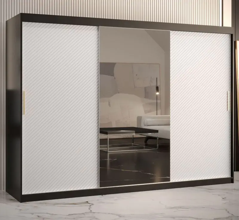 Moderner Kleiderschrank mit einer Spiegeltür Balmenhorn 47, Farbe: Schwarz matt / Weiß matt - Abmessungen: 200 x 250 x 62 cm (H x B x T), mit genügend Stauraum