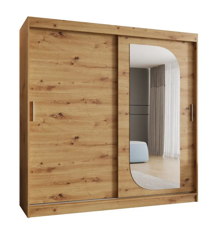 Schiebetürenschrank mit einer Spiegeltür Signalkuppe 17, Farbe: Eiche Artisan, 2 Meter breit, 10 Fächer, zwei Kleiderstangen, für Schlafzimmer