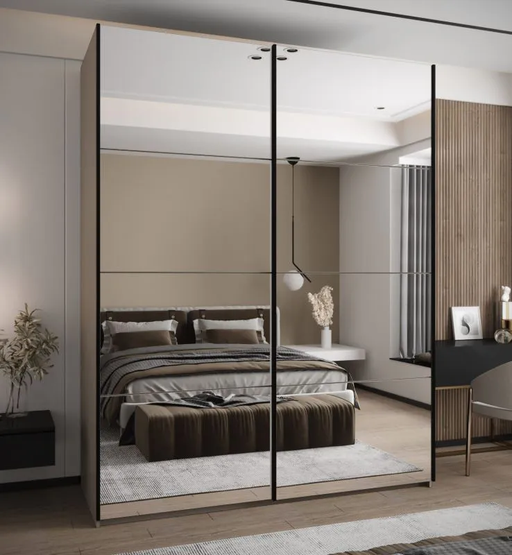 Kleiderschrank / Schiebetürenschrank | 245,5 x 200 x 64 cm | 2 Kleiderstangen | 11 Fächer | 2 Schiebetüren | Spiegel | Farbe: Kaschmir | Soft-Close
