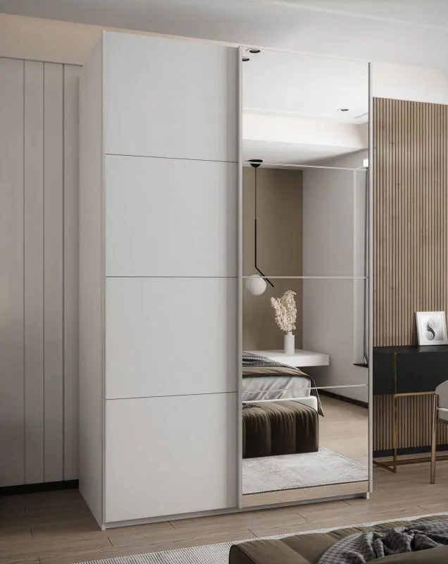 Kleiderschrank / Schiebetürenschrank | 245,5 x 150 x 64 cm | Soft-Close | 2 Kleiderstangen | Spiegel | 2 Schiebetüren | Farben: Weiß | 6 Fächer