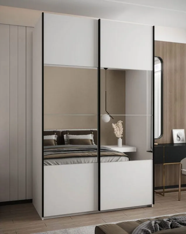 Kleiderschrank / Schiebetürenschrank | 245,5 x 150 x 64 cm | Spiegel | Soft-Close-Funktion | 2 Kleiderstangen | 2 Schiebetüren | 6 Fächer | Farbe: Weiß