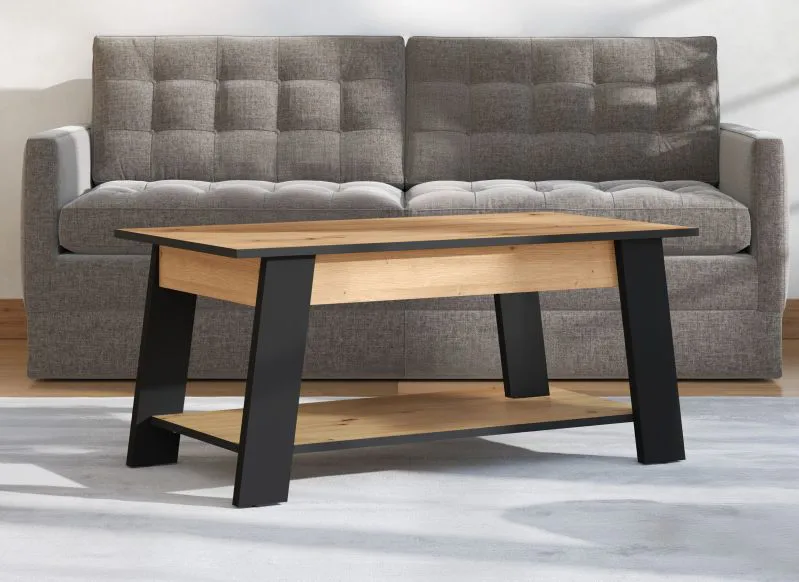 Eleganter Couchtisch mit schwarzen Beinen Potra 01, Farbe: Eiche Artisan / Schwarz Matt, ABS, Maße: 46,5 x 101 x 54,5 cm