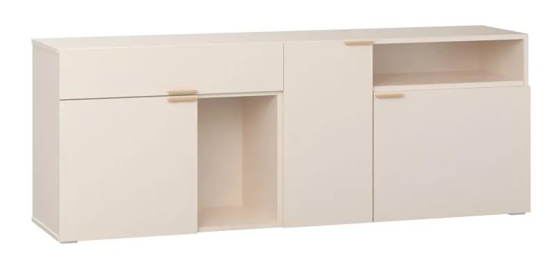 Kommode | 3 Türen | Farbe: Beige | Griffe & Beine: Eiche | 1 Schublade | Maße: 187 x 42 x 70 cm | zwei offene Fächer | Soft-Close-Funktion | sechs Fächer