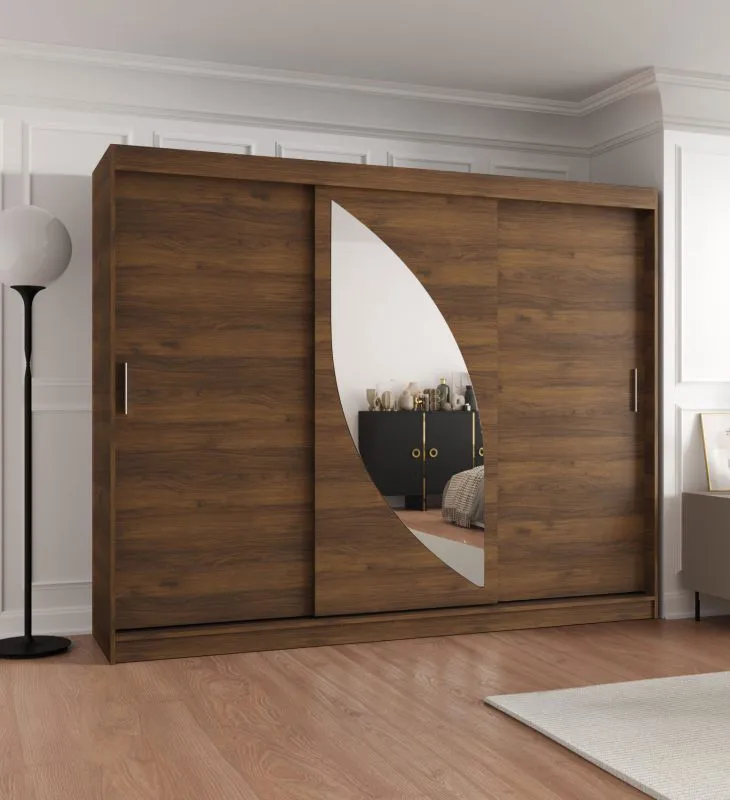 Kleiderschrank / Schiebetürenschrank | Farbe: Walnuss | Aluminiumschienen | 10 Fächer | 2,5 Meter breit | zwei Spiegeltüren | PVC-Furnier | zwei Kleiderstangen