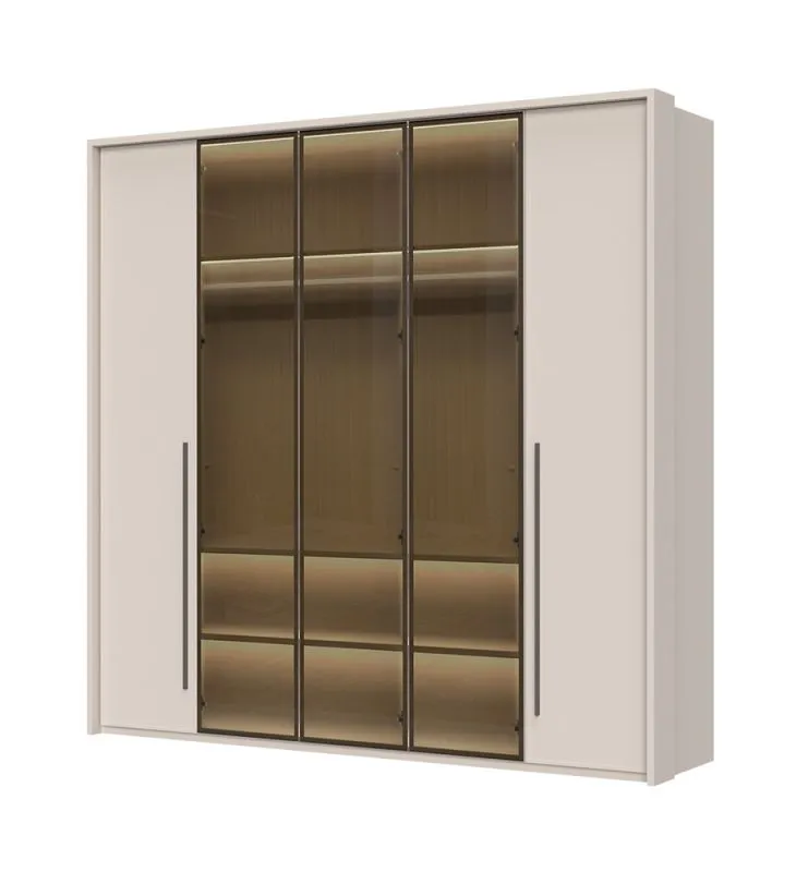 Kleiderschrank mit drei Glastüren mit Rahmen Neiafu 43, Farbe: Kaschmir, inkl. Innenbeleuchtung, drei Kleiderstangen, Maße: 224 x 227 x 56 cm, Soft-Close-Funktion