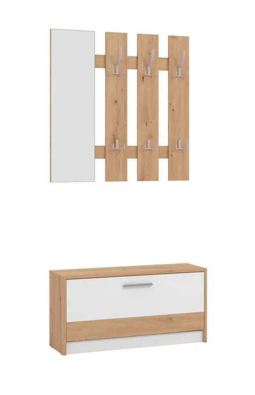 Garderobe mit Schuhschrank Galabu 01, Farbe: Eiche Artisan / Weiß, eine Kipptür, ABS-Kantenschutz, Spiegel, Maße: 202 x 91,5 x 28 cm, sechs Haken