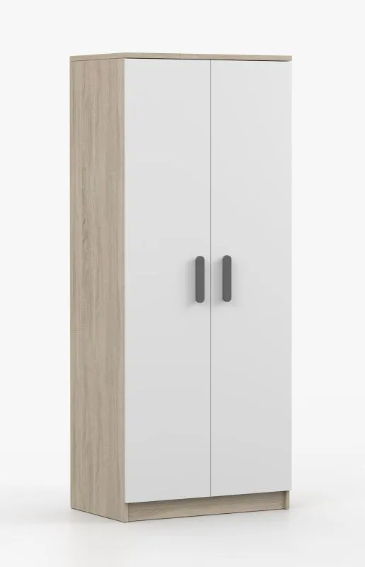 Kleiderschrank / Drehtürenschrank | Weiß / Sonoma Eiche | Smolikas 56 | 2 Türen | 192 x 80 x 50 cm | graue Holzgriffe | 5 Fächer | Kleiderstange