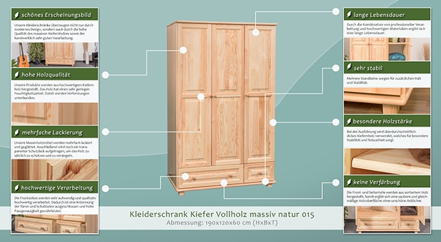 Echtholz Schrank, Farbe: Natur 190x120x60 cm, Türen Anzahl 3, Höhe
